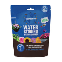 A pouch of Ecofective's Water Storing Natural Ganules, the pouch itself shows pictures of various plants against a blue background, with the lower third being brown and having the text 'Retains water around roots', 'The perfect partner to keep your plant hydrated' and 'Ideal for peat-free compost.'