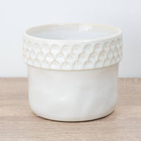 A captivating Zellige Ceramic White Plant Pot - admired for their tactile divot arch rims and minimalist style.